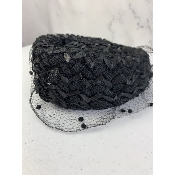 Vintage 60s 50s Dayne Fascinator Hat Union USA Black Straw Classy Jackie Kennedy - Picture 6 of 13